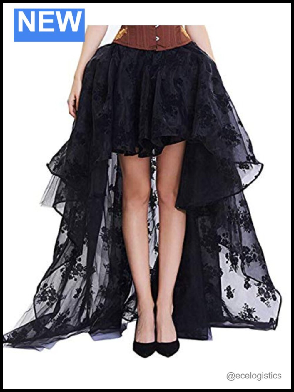 Women's High-Low Skater Skirt, Lace Gothic Maxi, Floral Embroidery, Multi-Layer